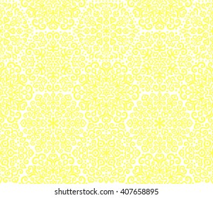 Unusual flourish yellow seamless pattern. Weave flower mandala ornament for wallpaper, fabric, furniture, invitation, paper print. Sunny floral vector. Boho summer design. Fresh interior background.