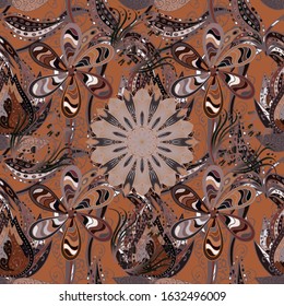 Unusual flower shape oriental line. Weave design element. Anti-stress therapy pattern. Yoga logo, background for meditation poster. Vector outline on beige, brown and gray colors. Decorative ornament.
