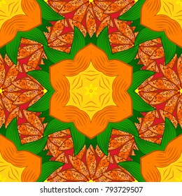 Unusual flower shape oriental line. Vector outline Mandala on orange, green and brown colors. Anti-stress therapy pattern. Yoga logo, background for meditation poster. Decorative round ornament.