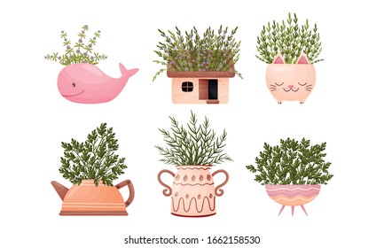 Unusual Flowerpots or Vases with Twigs and Plants Standing Inside Them Vector Set