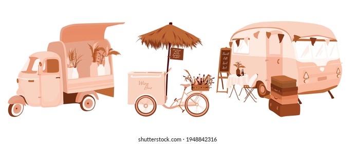 unusual food trucks illustration set. Rose gold Car Flower shop, Wine bicycle, restaurant in trailer, florist stand, straw umbrella. concept of selling outdoor. Small vintage cute car. cafe terrace 