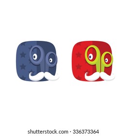 Unusual gift products icon template element mustache mask whisker, eyes, glasses, stars background in red and blue, green colors. Square shaped mobile game application theme with strange face.
