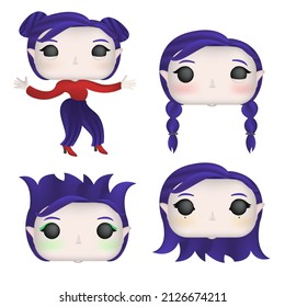 Unusual girl blue hair different hairstyles, make-up and emotions. You can change the details. Vector. Each part is separate.