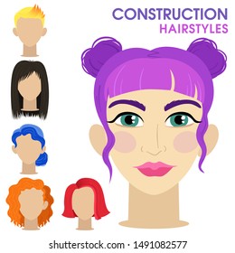 Unusual girl. Woman face constructor. Cartoon vector style. Creation of spare parts. Different hairstyles and hair color. Character. Vector.