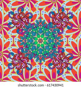 Unusual greeting in oriental boho chic style. Round flower ornament. Decorative vintage print. Vector invitation with colored mandala design element. Luxury floral pattern. Square invite template.