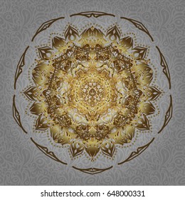 Unusual greeting in oriental boho chic style. Luxury weave pattern. Decorative vintage print. Round ornament. Vector invitation with golden mandala design element. Square invite template.