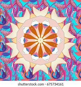 Unusual greeting in oriental boho chic style. Round flower ornament. Square invite template. Vector invitation with colored mandala design element. Decorative vintage print. Luxury floral pattern.