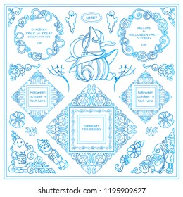 Unusual Halloween arts in water blue watercolor design. Vector elements for frames, borders, squares, dividers. Vintage signs, symbols, corners, arrows. Kawaii monsters, pumpkins, spiderweb Set 7\ 9