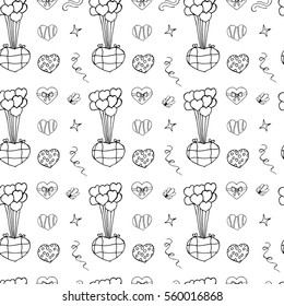 Unusual Hand Drawing Doodled Pattern with Festive Elements. Hand-drawn Vector Illustration Texture. Ideal Sketch Background for Happy Valentine's Day, Celebration Event, Print, Wallpaper, Wrapping.