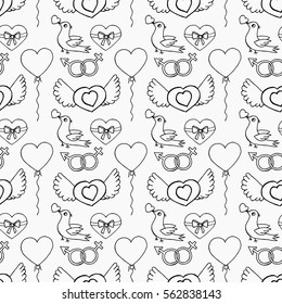 Unusual Hand Drawing Doodled Pattern with Romantic Icons. Hand-drawn Vector Illustration. Ideal Seamless Sketch Background for Happy Valentine's Day, Celebration Event, Print, Wallpaper, Wrapping.