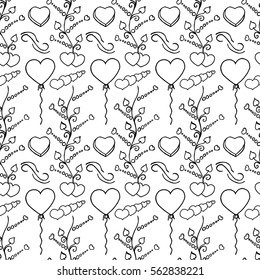 Unusual Hand Drawing Doodled Pattern with Romantic Icons. Hand-drawn Vector Illustration. Ideal Seamless Sketch Background for Happy Valentine's Day, Celebration Event, Print, Wallpaper, Wrapping.