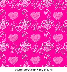 Unusual Hand Drawing Doodled Pattern with Romantic Hearts. Hand-drawn Vector Illustration. Ideal Seamless Sketch Background for Happy Valentine's Day, Celebration Event, Print, Wallpaper, Wrapping.