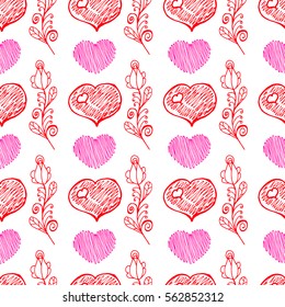 Unusual Hand Drawing Doodled Pattern with Romantic Hearts. Hand-drawn Vector Illustration. Ideal Seamless Sketch Background for Happy Valentine's Day, Celebration Event, Print, Wallpaper, Wrapping.