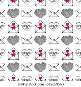 Unusual Hand Drawing Doodled Pattern with Romantic Icons. Hand-drawn Vector Illustration. Ideal Seamless Sketch Background for Happy Valentine's Day, Celebration Event, Print, Wallpaper, Wrapping.