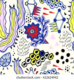 Unusual hand drawn seamless pattern in boho style. Vector texture for your background design. Creative wallpaper or fabric.