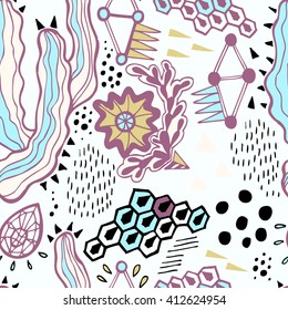 Unusual hand drawn seamless pattern in boho style. Vector texture for your background design. Creative wallpaper or fabric.