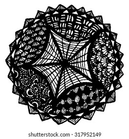 Unusual hand-drawn mandala with the web, divided into five sectors with different patterns. Mandala isolated.