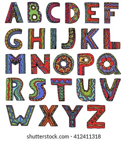 unusual handmade vector sketch font in doodle style. Letters isolated on a white background 