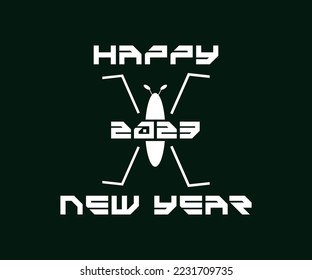 an unusual happy new year 2023 template. carries the theme of ant robotics with 2023 in the middle of its body. can be used for various purposes of social media content and banners.