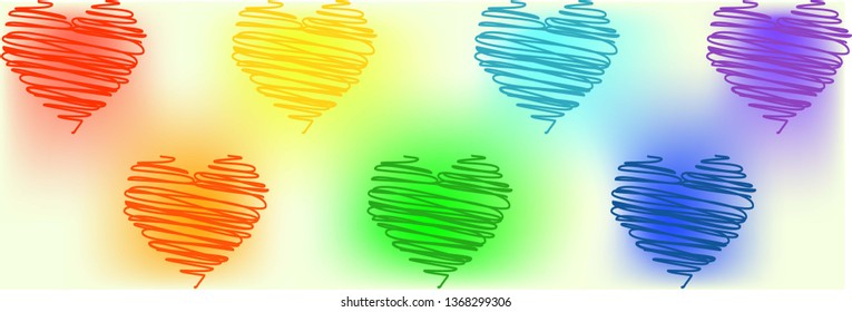 unusual hearts drawn with scribbles of different colors of the rainbow on a white background with gradients. 