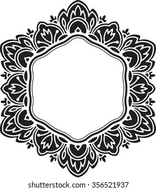 Unusual, hexagonal, black lace frame, decorative element with empty place for your text. Vector illustration.