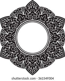 Unusual, hexagonal, black lace frame, decorative element with empty place for your text. Vector illustration.