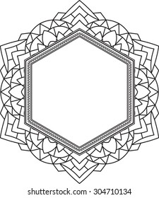 Unusual, hexagonal, lace frame, decorative element with empty place for your text. Vector illustration.