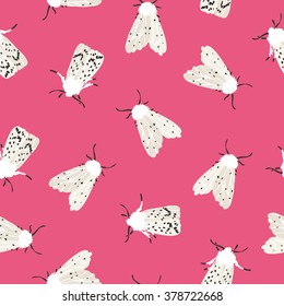 Unusual hipster seamless pattern with  clothes moth. Vector pink background with insects.