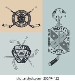 Unusual Hockey Logo, Emblem  With Sticks, Helmets, Goalie Mask In Retro Style For Clubs And Competitions.