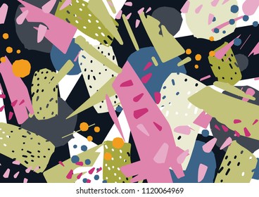 Unusual horizontal backdrop with colorful abstract stains, smears, splinters or fractions. Bright colored stylish decorative background. Modern graphic vector illustration in crazy hipster style