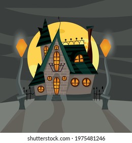 An unusual house on a hill. Halloween. Trick 'r Trea. Postcard for the holiday. A ready-made template for promotion. Mystical house of witches. House on the background of the moon. Vector illustration