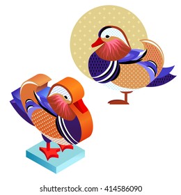 Unusual illustration of a set of birds. Vector bird flat icon mandarin duck and its isometric view. Two design on isolated on white background..