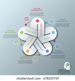 Unusual infographic design layout. 5 colorful elements with gaps connected together, thin line symbols and text boxes. Visualization of cyclic process with five steps. Vector illustration.