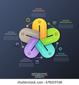  Ungewöhnliches Infografik-Design. 5 bunte Elemente mit zusammengeschlossenen Lücken, dünne Linien und Textfelder. Visualisierung zyklischer Prozesse in fünf Schritten.  Vektorgrafik.