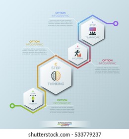 Plantilla de diseño infográfico inusual. 4 elementos hexagonales con pictogramas y cuadros de texto. Cuatro pasos del concepto de desarrollo empresarial. Ilustración vectorial para folleto, presentación, informe, sitio web.
