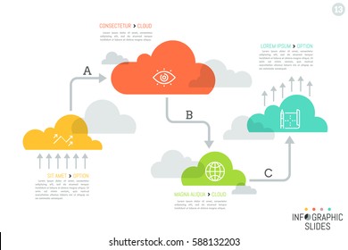 Unusual infographic design template, 4 translucent elements of different size successively connected by arrows. Cloud computing steps concept. Vector illustration for presentation, report, website.