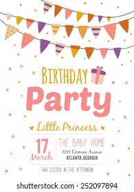 Unusual inspirational, romantic and motivational quotes invitation card. Stylish happy birthday poster in cute style with bright garlands and sparkles for boy. Template for print design.