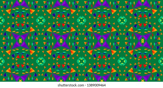 Unusual intricate ornament. Multicolored triangles. Colors of rainbow. Seamless pattern.