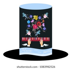 Unusual invitation card for music party. Black Hat Cylinder with Blue Ribbon,  bouquet of garden flowers and tiny winged fairy and elf dancing in the air.
