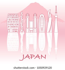 Unusual Japanese architecture. Famous building and skyscrapers. Backdrop of mount Fuji. Travel and leisure.