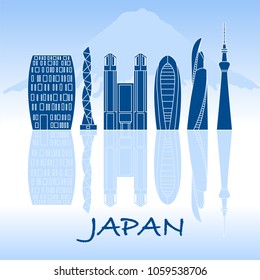 Unusual Japanese architecture. Famous building and skyscrapers. Backdrop of mount Fuji. Travel and leisure.