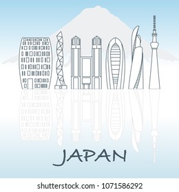 Unusual Japanese architecture. Famous building and skyscrapers. Backdrop of mount Fuji. Travel and leisure.