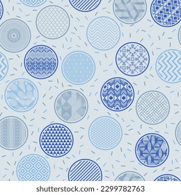 Unusual kimono print vector endless ornament. Bubble shapes with fantasy patterns inside. Asian motives in circles. Dotted texture background. Tea packaging design.