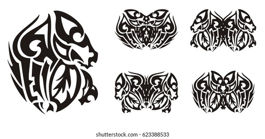 Unusual leaf and butterflies from it. Stylization of a leaf in the form of a wing of a butterfly, a butterfly ready for a tattoo, an embroidery and an engraving
