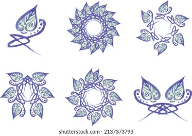 Unusual leaf element in light blue-green tonality and frames from it. Decorative leaf similar to snowflake and rounded frameworks from it for holidays and events, textiles, fashion, print, fabric, web