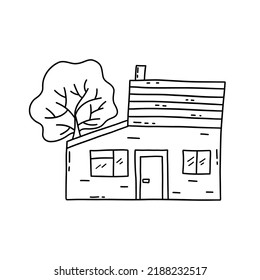 Unusual little house. Tree grows in the back. Black and white vector isolated doodle illustration. Sweet home