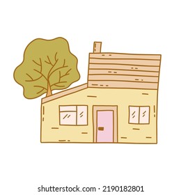 Unusual little house. Tree grows in the back. Colorful vector isolated doodle illustration contour. Sweet home. Single hand drawn clip art boho colors