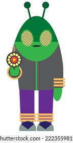 An unusual looking cartoon alien is pointing his weapon toward the viewer