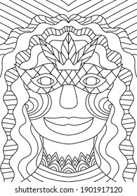 Unusual Mardi Gras queen character detailed coloring page stock vector illustration. Fantasy young female with long curly hair and little venetian mask with crown black and white symmetry illustration