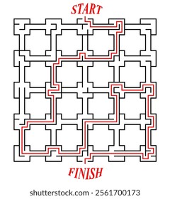 Unusual maze in a shape of a grid. Easy difficulty level black and white labyrinth with solution. Nice brainstorm puzzle.
